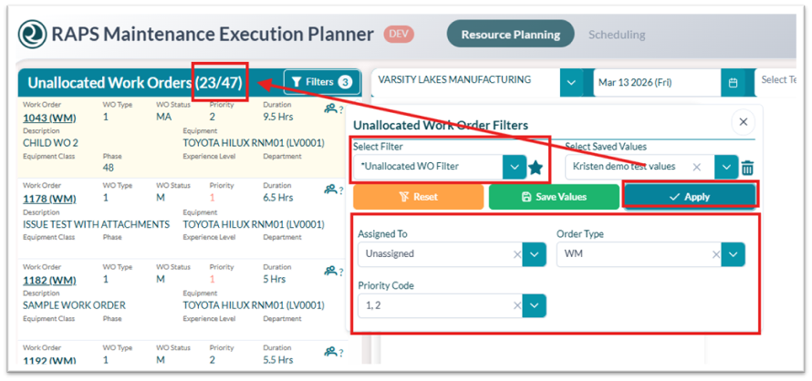 Once you have created your filter, navigate to the Unallocated Work Orders and select the Filter Icon.  Select your new Filter Unallocated WO Filter and fill in your filter criteria.png