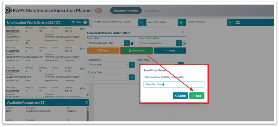 You can save your filter criteria by selecting the Save Values button, which will bring up the Save Filter Values screen where you can name your filter..png